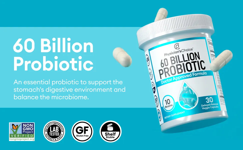 Physician's CHOICE Probiotics 60 Billion CFU - 10 Diverse Strains Plus Organic Prebiotic, Designed for Overall Digestive Health and Supports Occasional Constipation, Diarrhea, Gas & Bloating