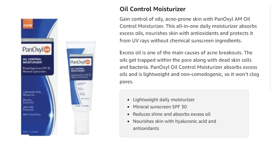 PanOxyl Oil Control Daily Moisturizer, Mattifying Lightweight Facial Moisturizer, Shine Control, Non Comedogenic, Won’t Clog Pores, SPF 30, 1.7 Oz