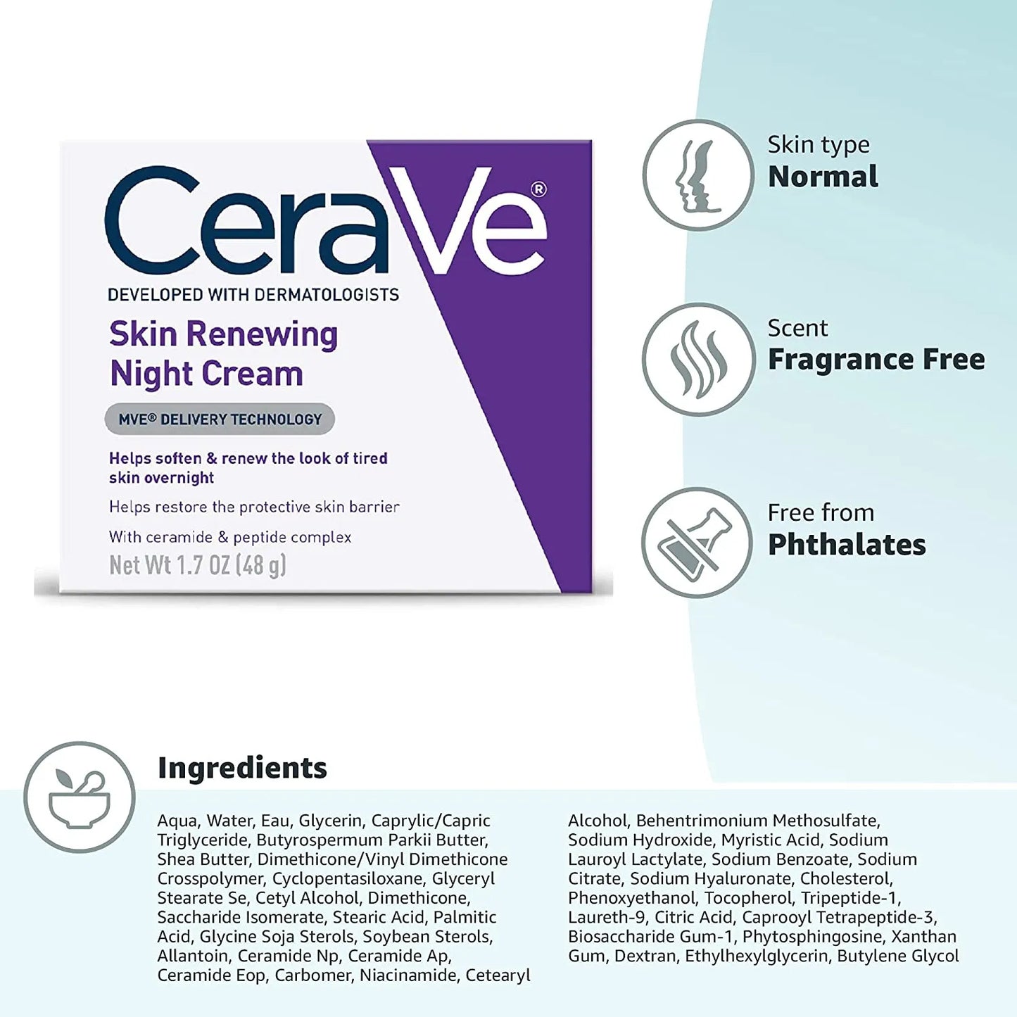 (US Version) CeraVe Skin Renewing Night Cream | Niacinamide, Peptide Complex, and Hyaluronic Acid Moisturizer for Face | 1.7 Ounce