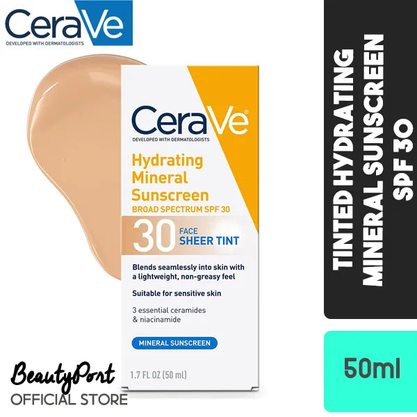 (US Version) CeraVe Tinted Sunscreen with SPF 30 | Hydrating Mineral Sunscreen With Zinc Oxide & Titanium Dioxide | Sheer Tint for Healthy Glow | 1.7 Fluid Ounce