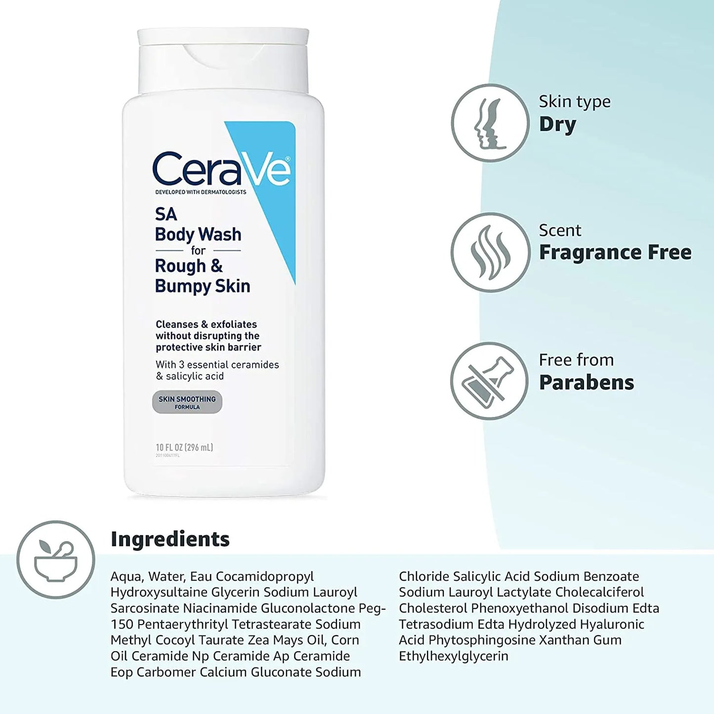 (US Version) CeraVe Body Wash with Salicylic Acid | Fragrance Free Body Wash to Exfoliate Rough and Bumpy Skin | Allergy Tested | 10 Ounce