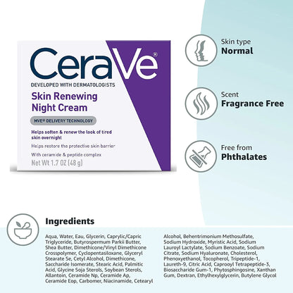 (US Version) CeraVe Skin Renewing Night Cream | Niacinamide, Peptide Complex, and Hyaluronic Acid Moisturizer for Face | 1.7 Ounce